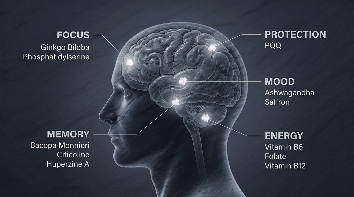 Nine Novium-9 ingredients mapped across five cognitive systems: memory and recall, focus and clarity, calm and mood, energy and antioxidant support, and neural foundation