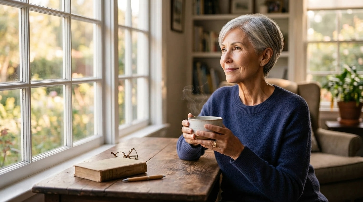 A woman calm and clear by a sunlit window