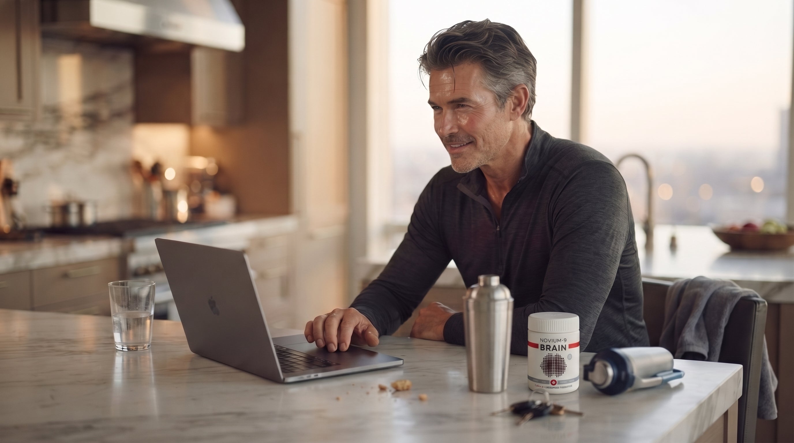 A man at a kitchen counter, laptop open, still in workout clothes